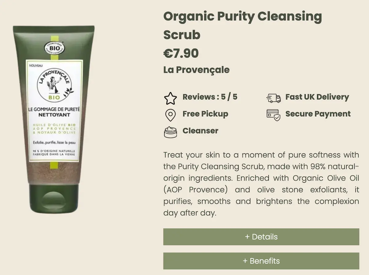 Natural product detail page with descriptions and benefits