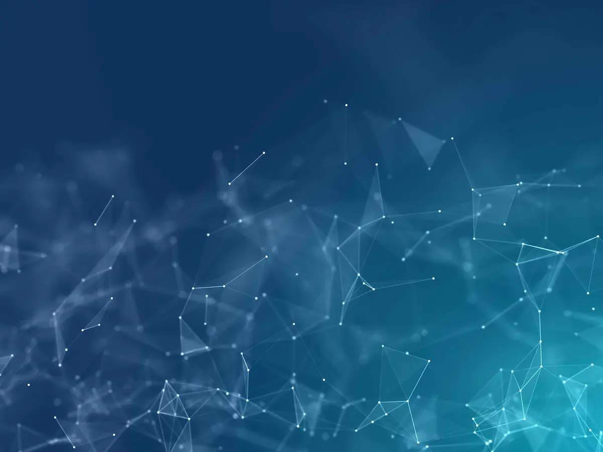 Abstract blue network with connected dots representing global connections and multilingual communication