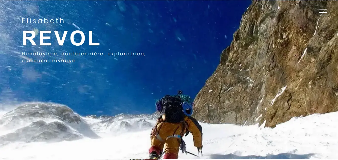 Homepage of mountaineer Elisabeth Revol’s website with mountain background