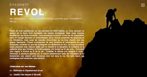 Homepage of mountaineer Elisabeth Revol’s website with mountain background